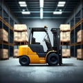 Image of a warehouse forklift in a large warehouse background. ai generative .