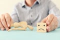Concept image of wooden dummy with worried stressed thoughts. depression, obsessive compulsive, adhd, anxiety disorders concept Royalty Free Stock Photo