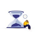 Concept of impending menopause. Worried woman and hourglass on white background, illustration