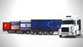 Concept of importing goods from Israel Europe China and America by dump truck with trailer 3d render on blue background with