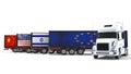 Concept of importing goods from Israel Europe China and America by dump truck with trailer 3d render on white background with