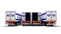 Concept of importing goods from Israel by open trailers dump trucks 3d render on white background with shadow