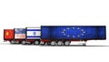 Concept of importing goods from Israel to Europe China America trailers dump trucks 3d render on white background with shadow