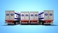 Concept of importing goods from Israel by trailers dump trucks 3d render on blue background with shadow