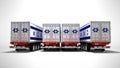 Concept of importing goods from Israel by trailers dump trucks 3d render on gray background with shadow