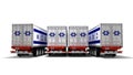 Concept of importing goods from Israel by trailers dump trucks 3d render on white background with shadow