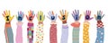 Concept of inclusion diversity equality.Group of painted hands of joyful happy multicultural kids and baby girls and boys.Colorful