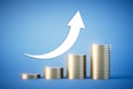 The concept of increasing revenues. growing stacks of coins on a blue background. 3D render Royalty Free Stock Photo