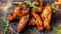 The concept of Indian cuisine. Baked chicken wings and legs in honey mustard sauce. Serving dishes in the restaurant on a black Royalty Free Stock Photo