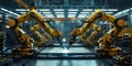 Engineers monitoring robotic arms in a smart factory overseeing welding operations through control