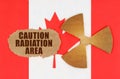 On the flag of Canada, the symbol of radioactivity and torn cardboard with the inscription - caution radiation area Royalty Free Stock Photo