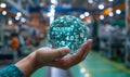 Concept of Industry 4.0 and Smart Manufacturing - Holographic Sphere with Connected Icons of IoT AI Big Data Automation in the