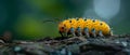 Caterpillar with yellow-green body and black spots moving on a tree stump. Concept Insect