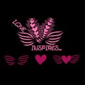 Pink vector stylized drawing `love inspires` on a black background