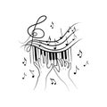 The concept of inspired piano playing, a hand-drawn doodle. Keys. Violin key and flying notes. Music. Inspiration