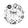 The concept of inspired piano playing, a hand-drawn doodle. A new hit. Microphone. Hands. Keys. Violin key and
