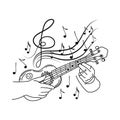 Concept of inspired ukulele playing, hand-drawn doodle. Little guitar. Hawaii. Flying notes. Music. Inspiration. Finger Royalty Free Stock Photo