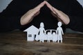 Concept of insurance with hands over a house, a car and a family Royalty Free Stock Photo