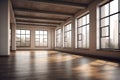 Interior of modern empty hall open space with large window and hardwood floor, 3d rendering. Generative AI Royalty Free Stock Photo