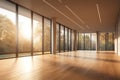 Interior of modern empty hall open space with large window and hardwood floor, 3d rendering. Generative AI Royalty Free Stock Photo