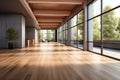 Interior of modern empty hall open space with large window and hardwood floor, 3d rendering. Generative AI Royalty Free Stock Photo