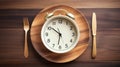 Concept of intermittent fasting, showing an empty plate and a clock. The practice of eating within specific time frames to promote Royalty Free Stock Photo