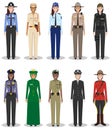 The concept of international police. Set of different detailed illustrations of sheriff, gendarme and policewoman in a flat style