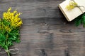 Concept International Women Day with flowers wooden background top view