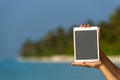 Concept of internet and communication. blank empty tablet computer in the hands of women on the beach Royalty Free Stock Photo