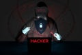 Concept Internet crime and cyber security . Hacker working on a code on red background Royalty Free Stock Photo