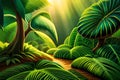 Intricate Beauty Of Rainforest, Jungla, Tropical Forest With Big Monstera Leaves, Stunning Green Horizontal Backg. Generative AI