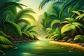 Intricate Beauty Of Rainforest, Jungla, Tropical Forest With Big Monstera Leaves, Stunning Green Horizontal Backgro. Generative AI