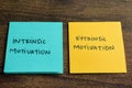 Concept of Intrinsic Motivation or Extrinsic Motivation write on sticky notes isolated on Wooden Table Royalty Free Stock Photo