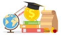 The concept of investment in education. Globe, diploma, textbooks, graduate hat.