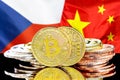 Bitcoins on Czech Republic and China flag background