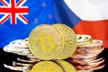 Bitcoins on New Zealand and Czech Republic flag background