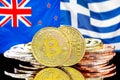 Bitcoins on New Zealand and Greece flag background