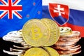 Bitcoins on New Zealand and Slovakia flag background
