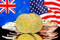 Bitcoins on New Zealand and US flag background