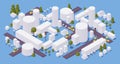 Concept isometric city with buildings and trees, roads and cars. White houses on blue background. 3d vector large town