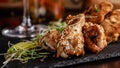 The concept of Italian cuisine. Snack to beer. Glazed chicken legs and chicken wings, breaded. Serving dishes in the restaurant Royalty Free Stock Photo