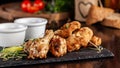 The concept of Italian cuisine. Snack to beer. Glazed chicken legs and chicken wings, breaded. Serving dishes in the restaurant Royalty Free Stock Photo