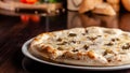 The concept of Italian cuisine. Thin cheese pizza with mushrooms, with large sides of Semola flour