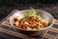 The concept of Japanese cuisine. Chinese noodles with chicken, grilled vegetables, and tofu in unagi sauce. Serving Asian dishes Royalty Free Stock Photo