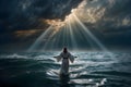 A concept of Jesus walks on water and calms the sea