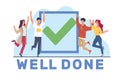 Concept of job well done, guys and girls rejoicing at successful completion of job. Completed task, good result