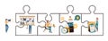 The concept of joint teamwork, building a business team. Vector illustration of working characters, people connecting pieces of