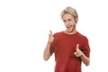 Young man laughing pointing with fingers Royalty Free Stock Photo