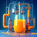 Concept of a juice production line with orange liquid flowing into a glass in futuristic industrial backdrop