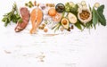 Concept of ketogenic low carbs diet ingredients for balanced healthy food selection on white surface Royalty Free Stock Photo